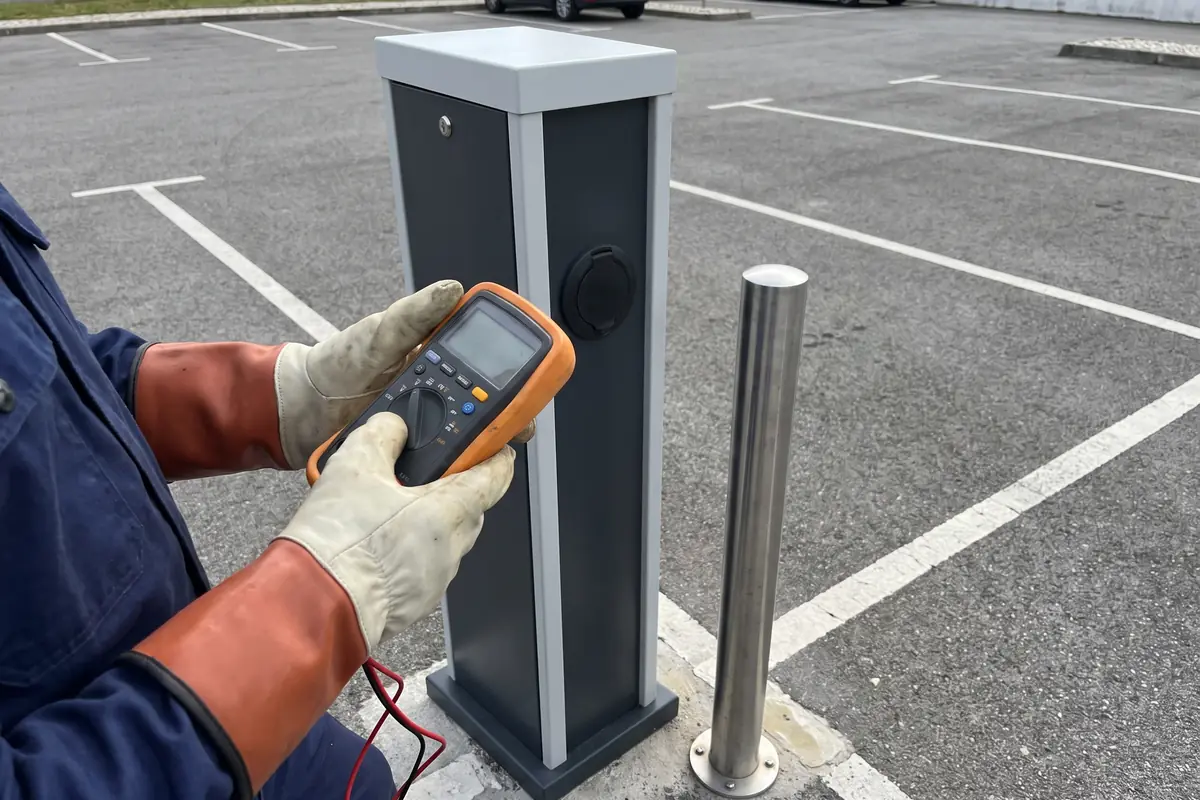 Carregador trifásico de 22 kW em parque de estacionamento de empresa