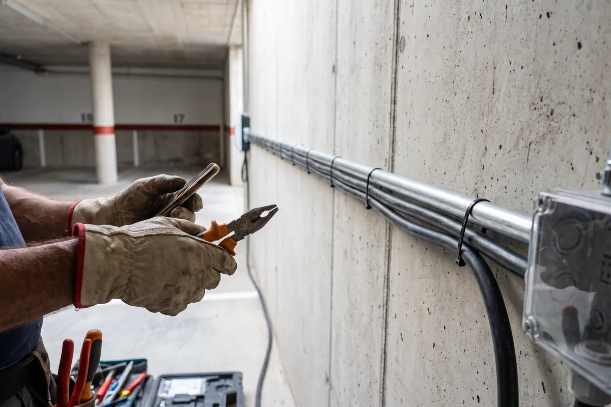 Calha técnica com cabo de alimentação de wallbox em zona comum de condomínio