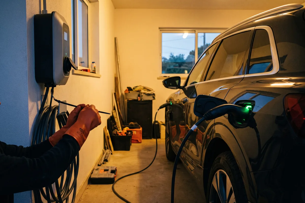 Veículo elétrico a carregar numa wallbox doméstica com cabo tipo 2