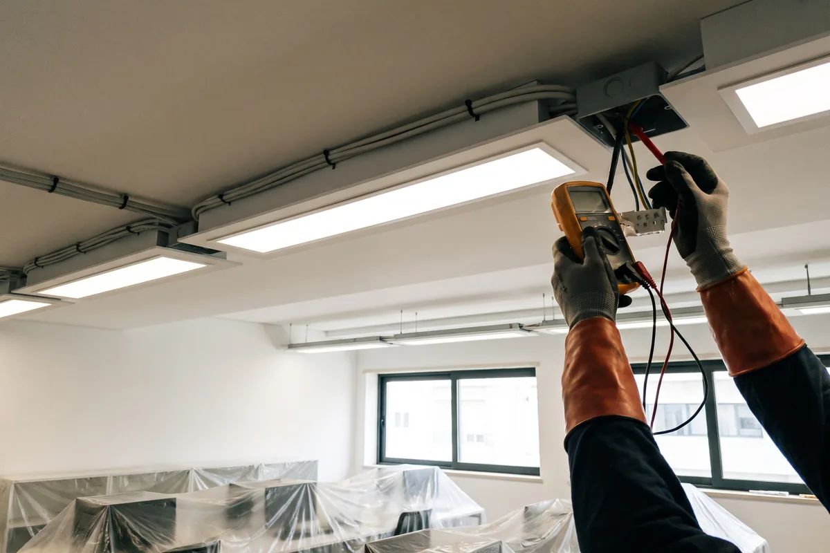 Iluminação LED embutida em tecto falso de escritório