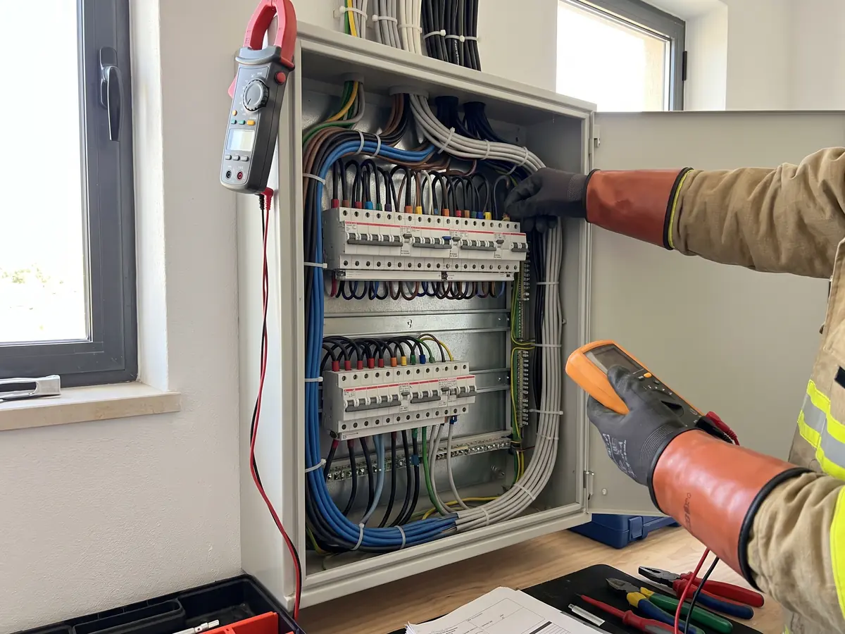 Quadro elétrico de serviços comuns de condomínio durante diagnóstico