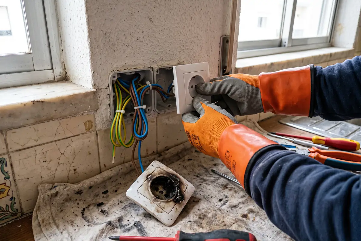 Reparação de tomada queimada com cabos renovados